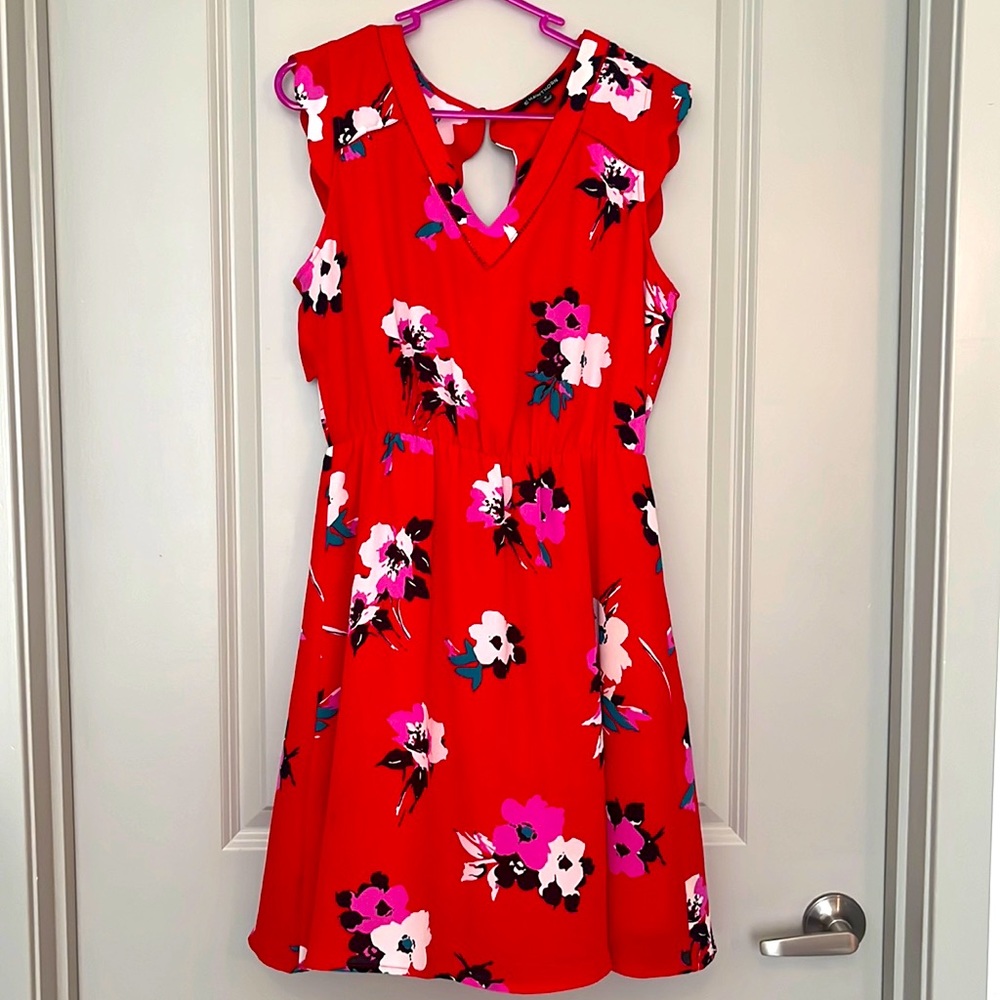 Red, large floral print dress